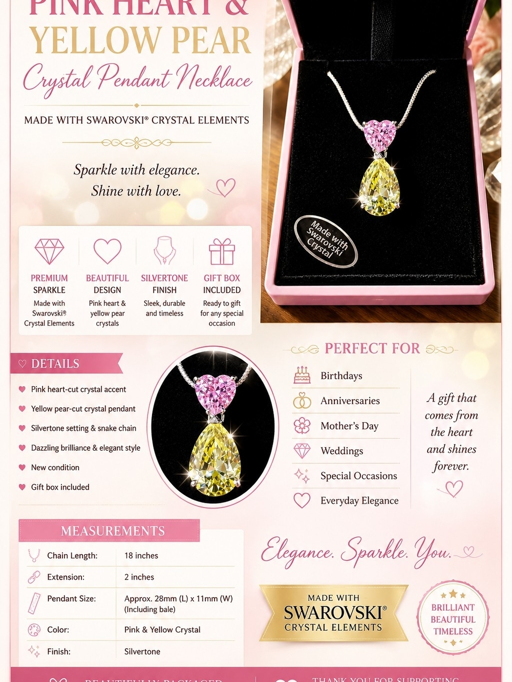 Pink Heart & Yellow Pear Crystal Pendant Necklace by Swarovski